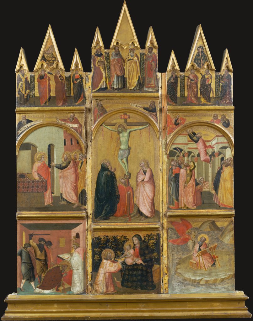 Kreuzigung Christi, Madonna mit Kind und heiligem Diakon sowie Szenen aus den Legenden der Evangelisten Matthäus und Johannes, Pietro Lorenzetti;  Werkstatt