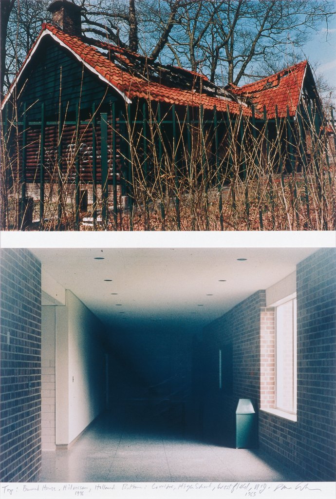 Top: Burned House, Hilversum, Holland,1996 : Bottom: Corridor of Junior High School, Westfield, NJ, 1965, Dan Graham