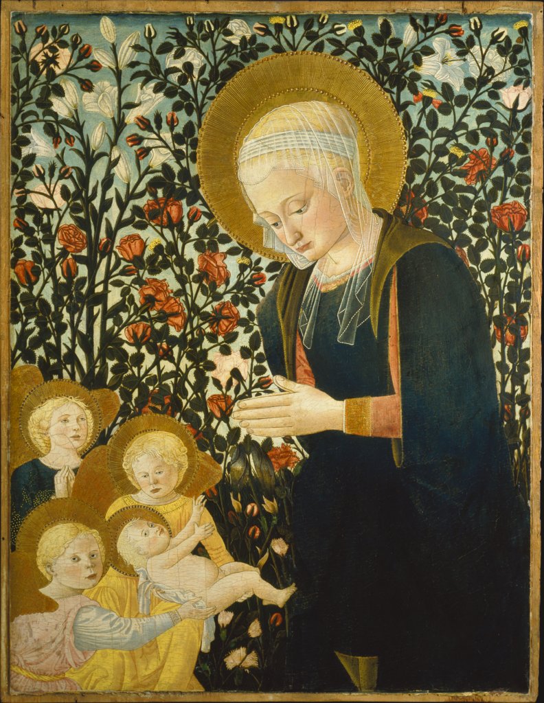 Madonna mit Kind und Engeln im Rosenhag, Pseudo-Pier Francesco Fiorentino (Pesellini-Lippi-Imitator)