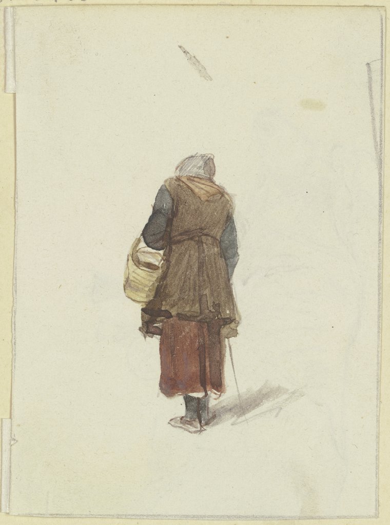 Altes Frau, einen Korb am Arm und einen Stock in der Hand von hinten gesehen, Jakob Fürchtegott Dielmann