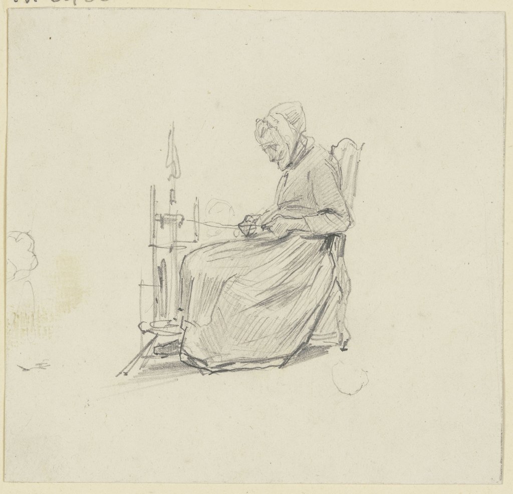 Alte Frau am Spinnrad sitzend, im Profil nach links, Jakob Fürchtegott Dielmann