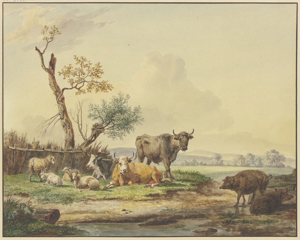 Bei einem Zaun Vieh auf der Weide, rechts zwei Schweine, Pieter Gerardus van Os