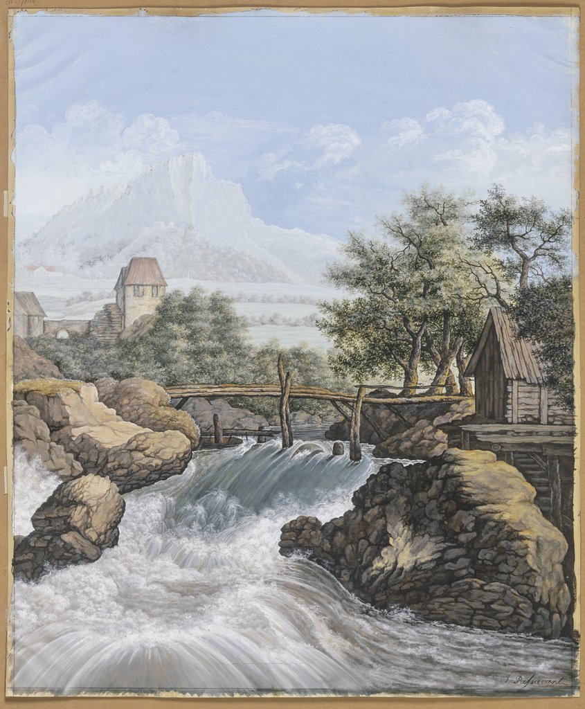 Ein reißender Bach mit einer Brücke und Blick in ein Tal, Johann David Passavant, nach Maria Katharina Prestel, nach Allaert van Everdingen