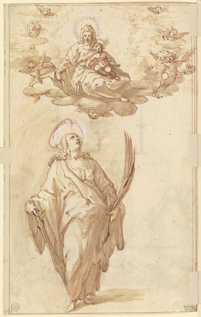 Die Heilige Katharina mit der Palme und dem Schwert, oben in den Wolken Maria mit dem Jesuskind und Engeln, Hans Rottenhammer