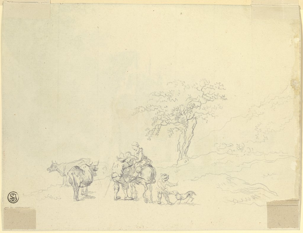 Bauernfamilie, die Frau zu Pferde, und Kühe, Johann Georg Wagner