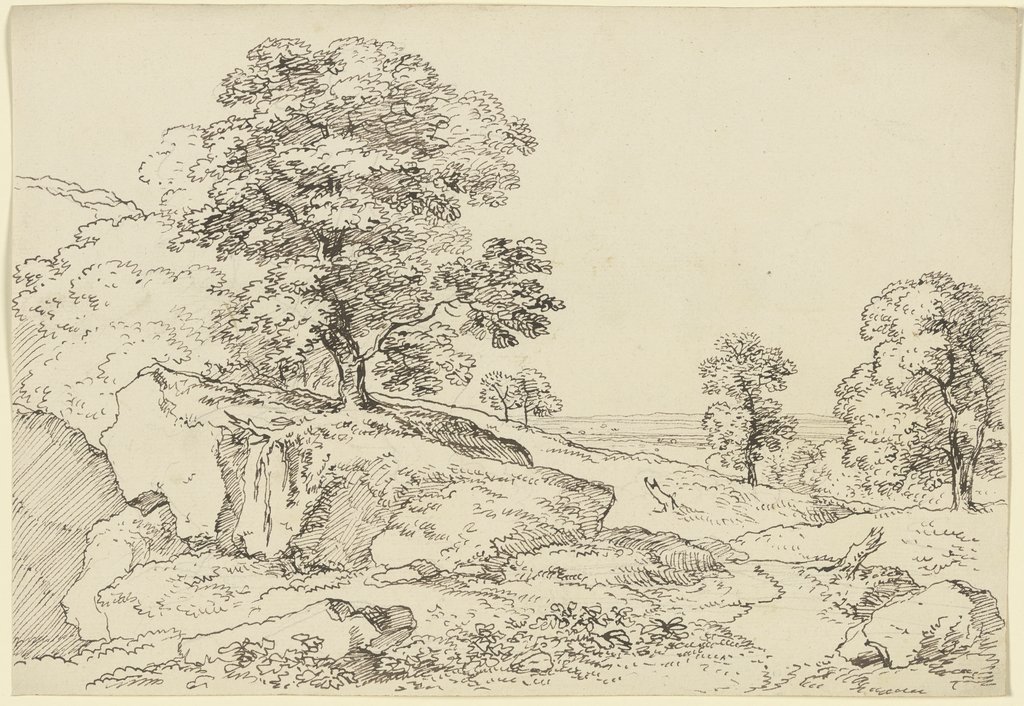 Alter Baum auf einem Felsvorsprung in einer Wiesenlandschaft, Franz Innocenz Josef Kobell