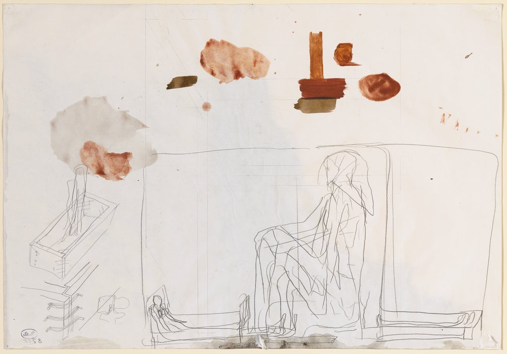 Sitzende Figur sowie Skizzen einer Holzkiste, Walter Pichler