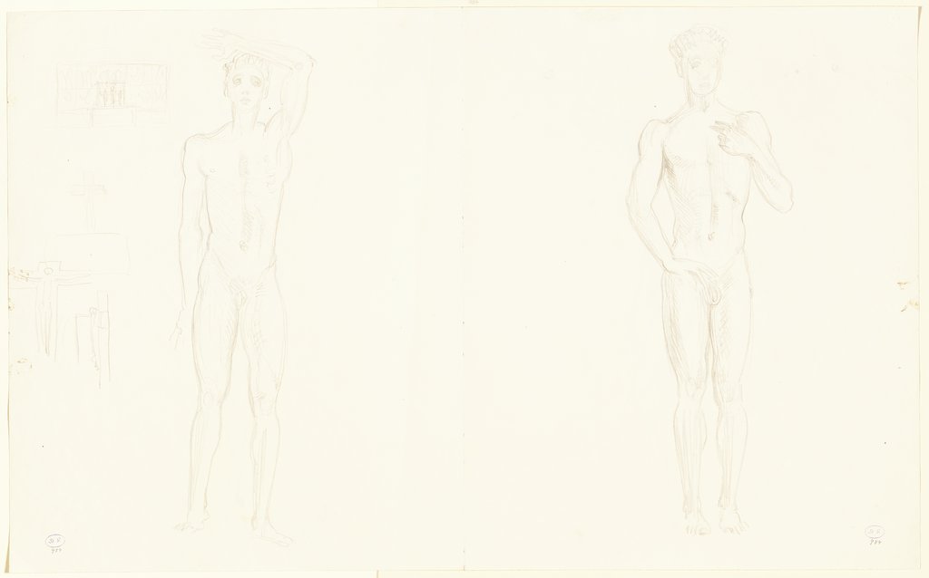 Doppelblatt mit vier männlichen Akten, stehend, Richard Scheibe