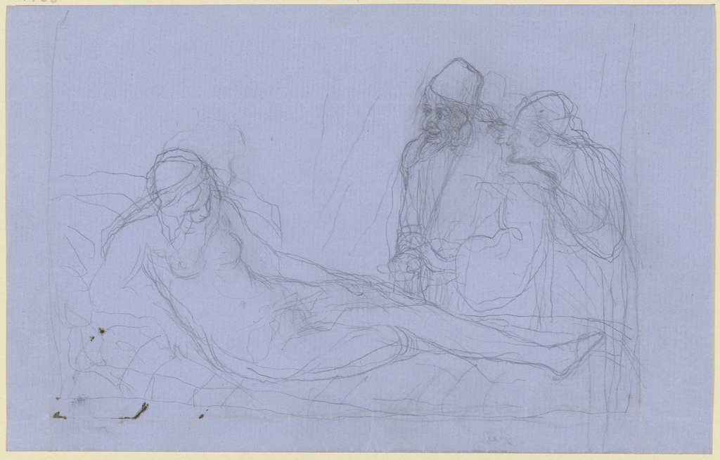 Auf einem Bette lagernder weiblicher Akt, am Bettrand zwei alte Männer, Victor Müller