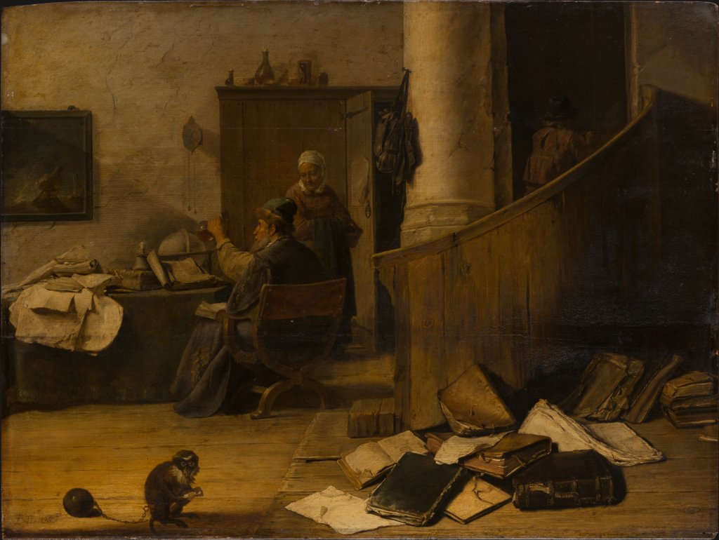 Ein Arzt betrachtet in seinem Studierzimmer ein Uringlas, Art des David Teniers d. J.