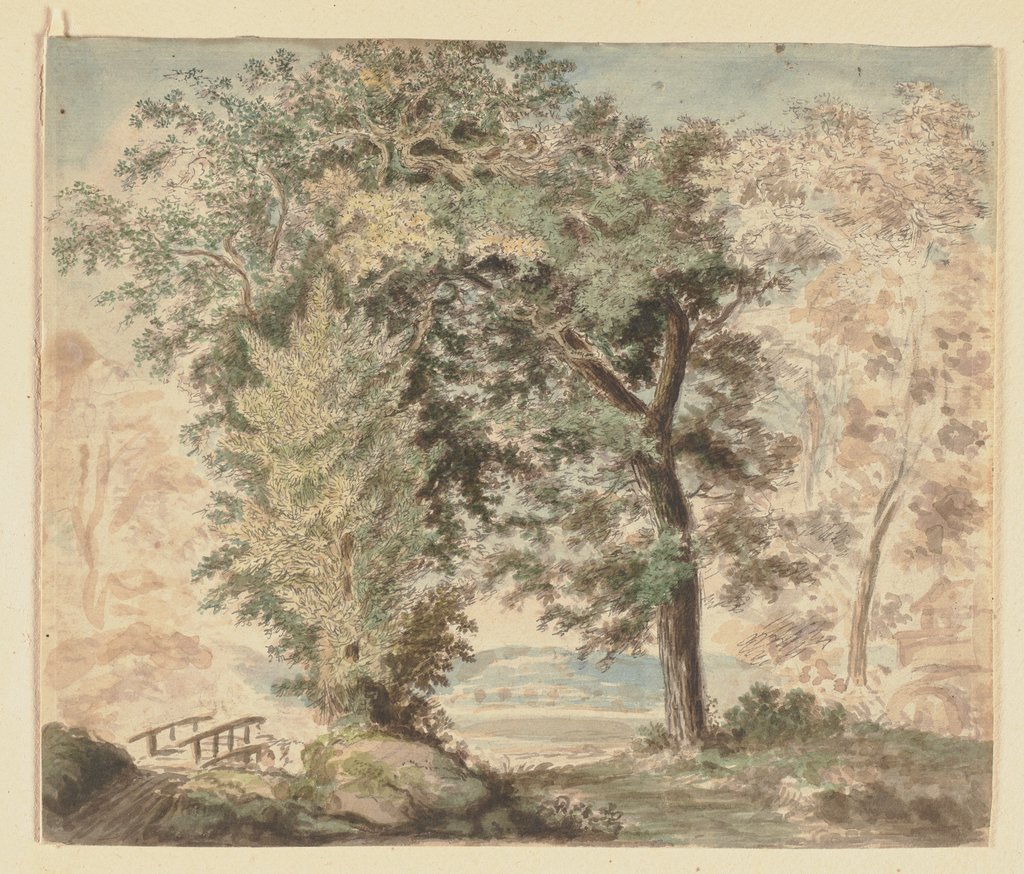 Landschaft mit Bäumen und Brücke, Johann Jakob Dorner d. J.