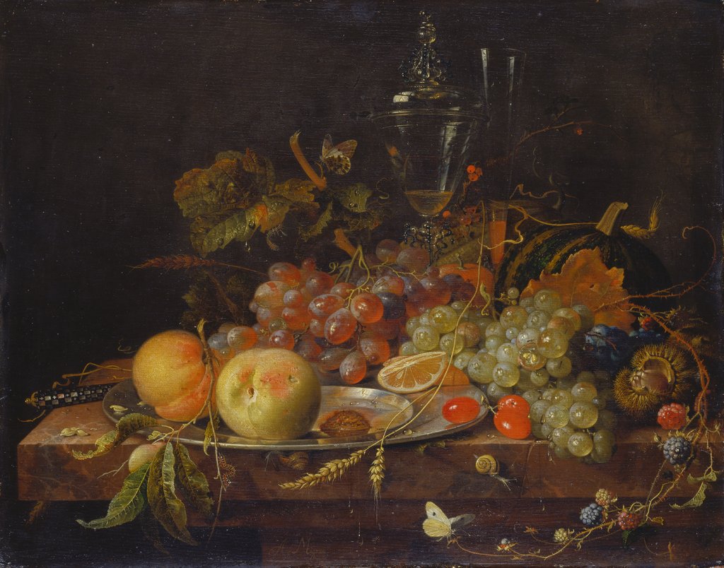 Stillleben mit Früchten, Zinnteller und Weingläsern, Abraham Mignon