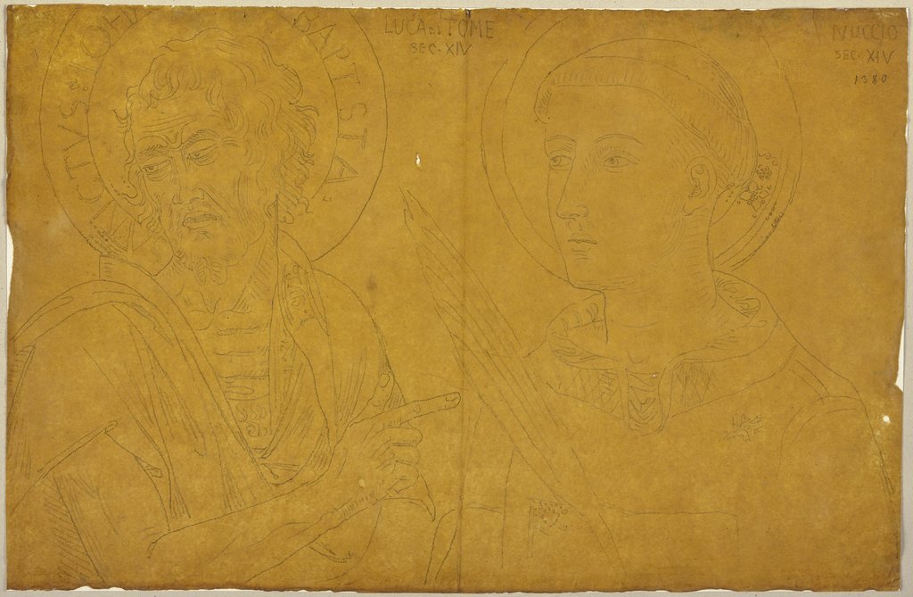 Links Johannes der Täufer von Lucas Thomi de Senis um 1367, rechts ein männlicher Heiliger mit Tonsur von Allegretto Nuzi da Fabriano 1346 + 1385, Johann Anton Ramboux, nach Allegretto Nuzi, nach Luca di Tommè