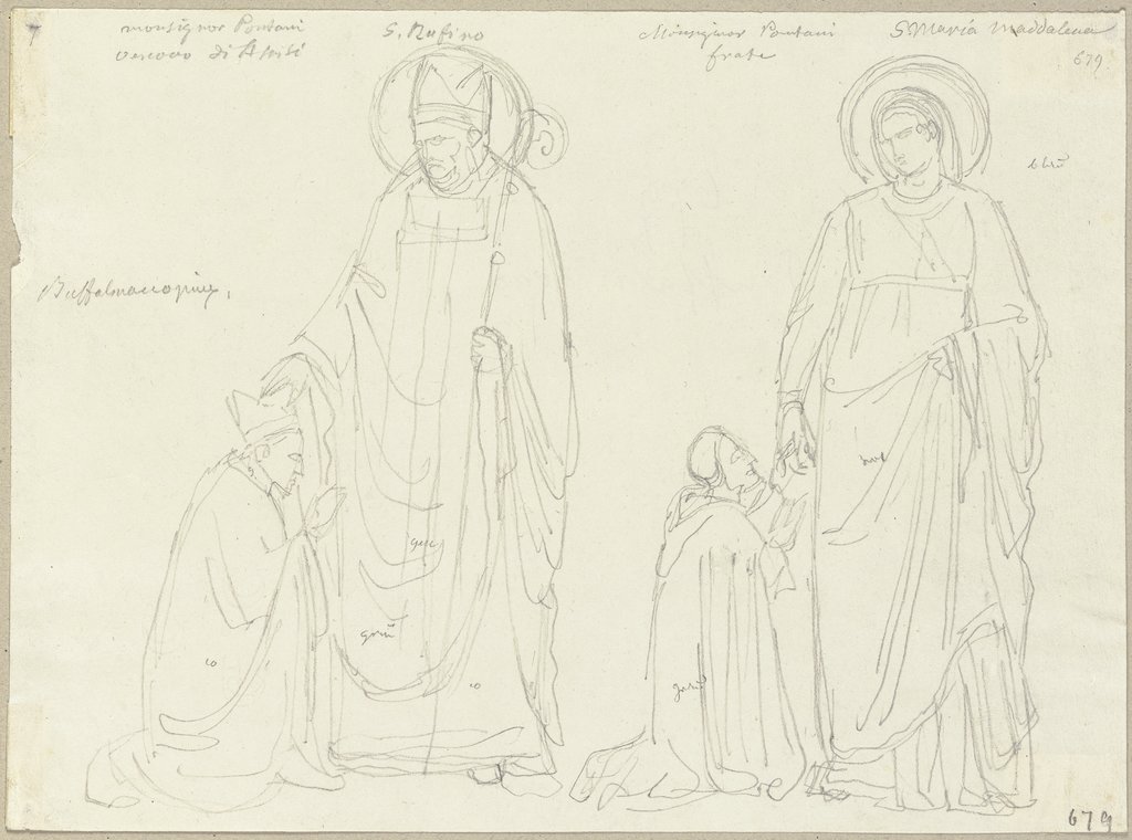Der heilige Rufino und die heilige Maria Magdalena mit jeweils einem knieenden Heiligen, nach Buonamico Buffalmacco