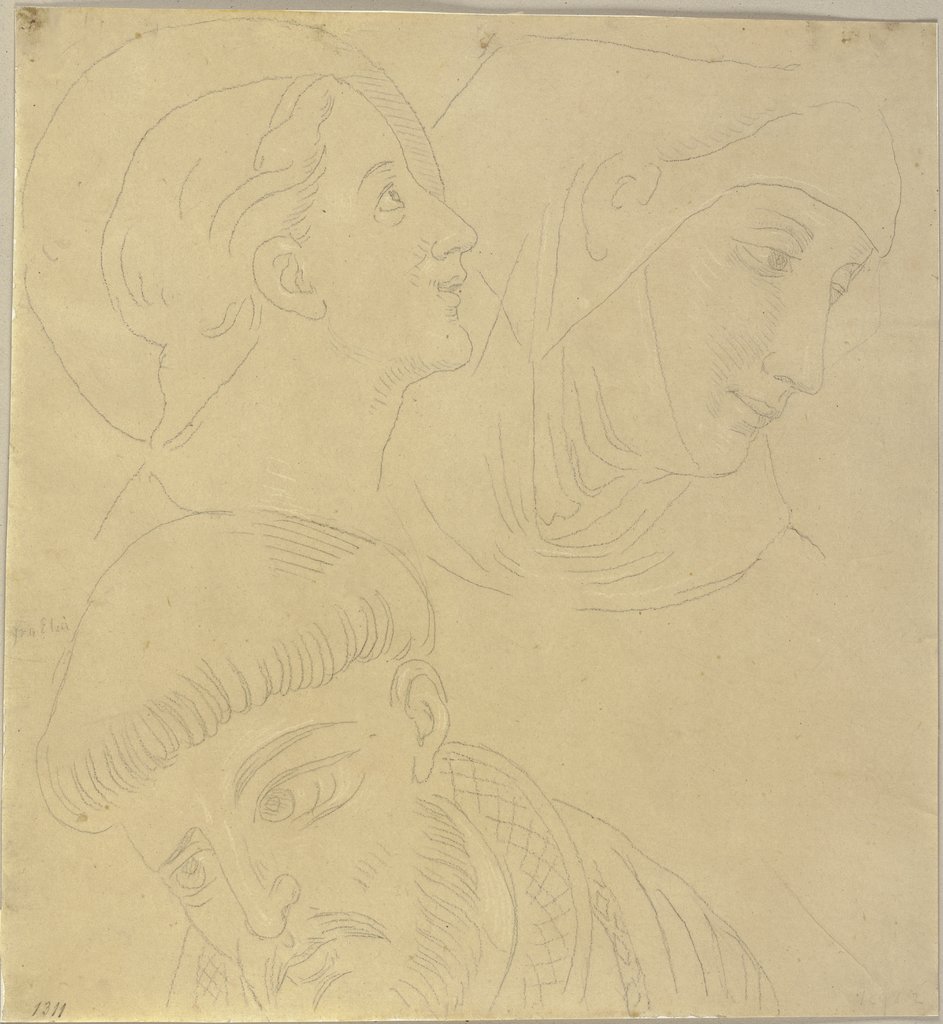 Unten links der Kopf des heiligen Franz von Assisi in S. Francesco zu Assisi, oben zwei weitere Köpfe, die sich ebenfalls in S. Francesco befinden, Johann Anton Ramboux, nach Giottino