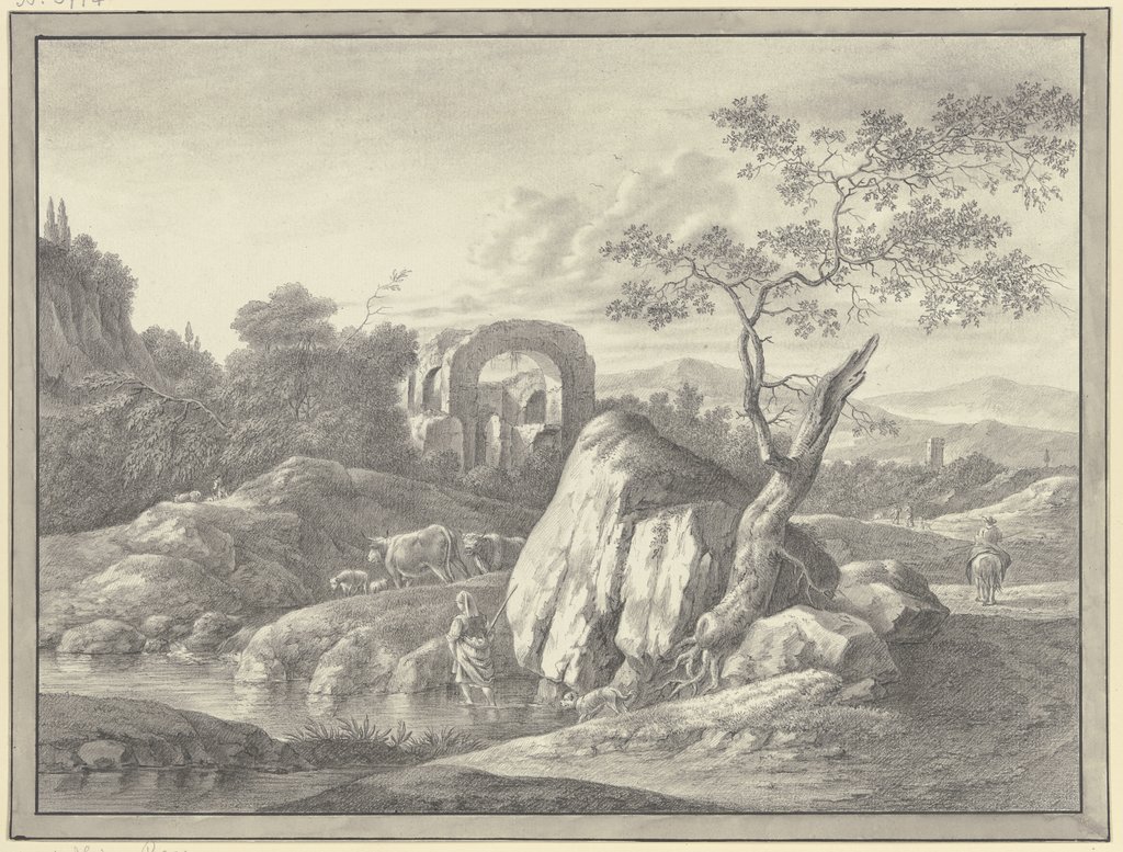 Ruinenlandschaft bei einem großen Felsen, Johann Friedrich Morgenstern