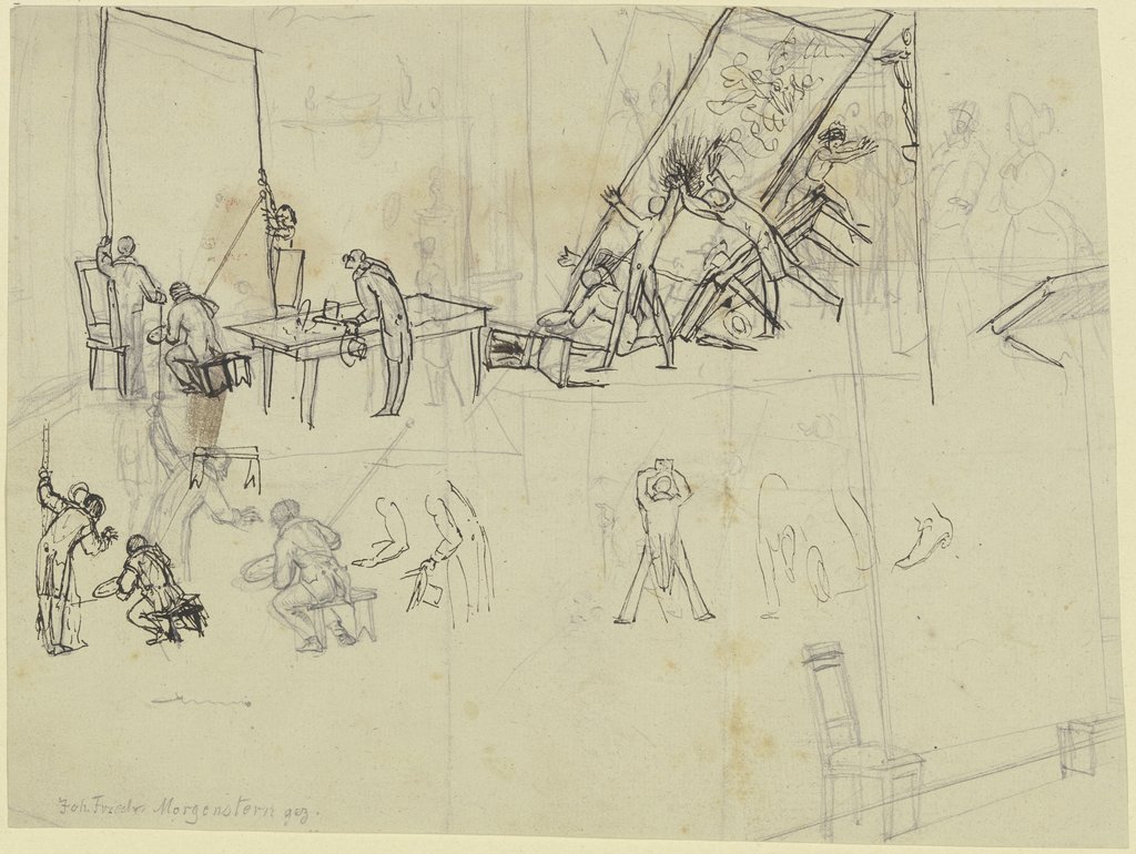 Atelierszene mit umgestürzter Staffelei und anderen Skizzen, Johann Friedrich Morgenstern