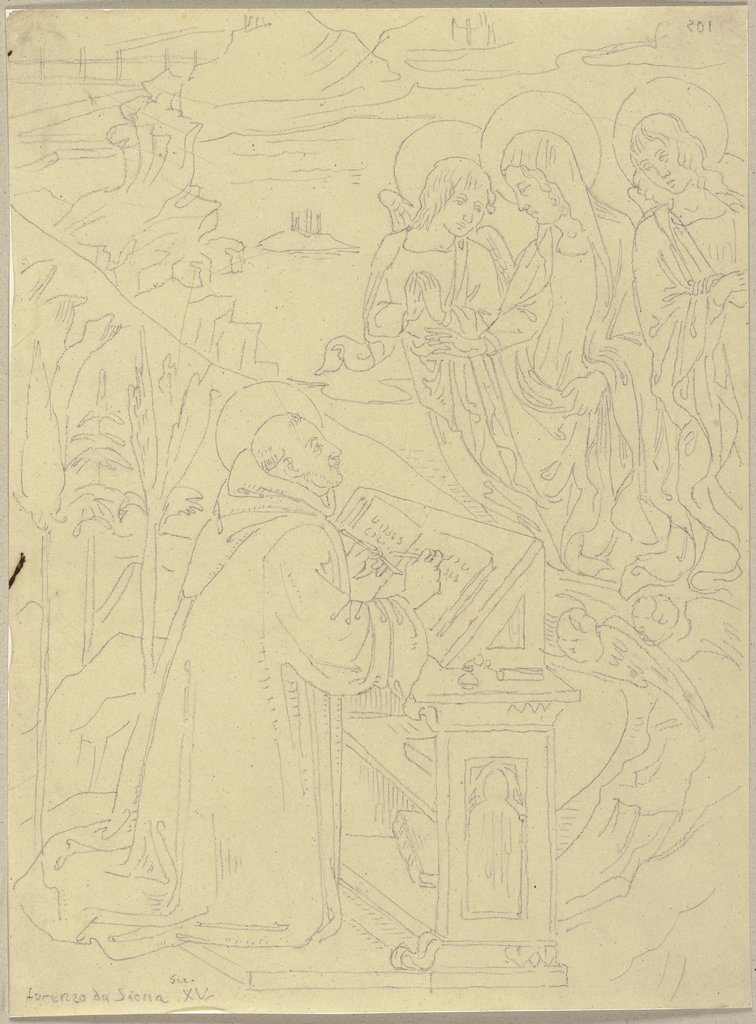 Ein Heiliger am Schreibpult hat eine Vision von der von zwei Engeln begleiteten Maria, Johann Anton Ramboux, nach Lorenzo Monaco