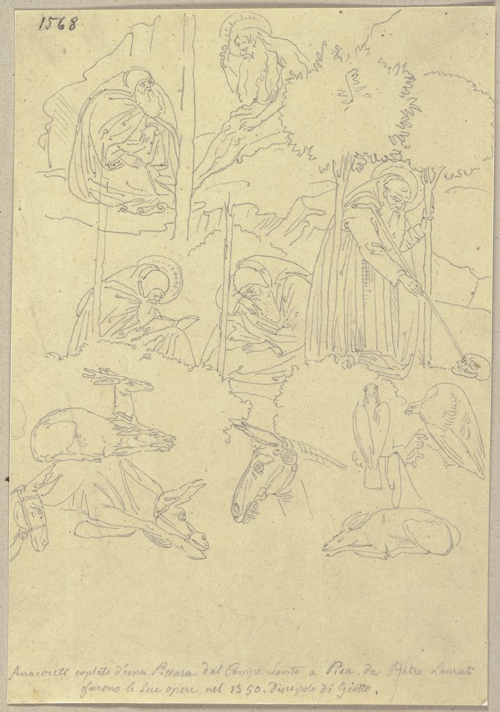 Detailansicht der Anachoreten in Theben im Camposanto in Pisa, nach Pietro Lorenzetti, Johann Anton Ramboux, nach Pietro Lorenzetti