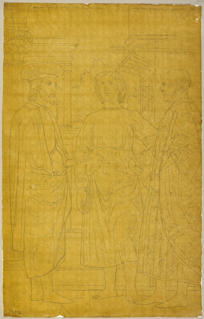 Drei sich unterhaltende Männer, Detail aus Piero della Francescas Geißelung Christi in der Sakristei des Doms in Urbino, heute in der Galleria Nazionale delle Marche in Urbino, Johann Anton Ramboux, nach Piero della Francesca