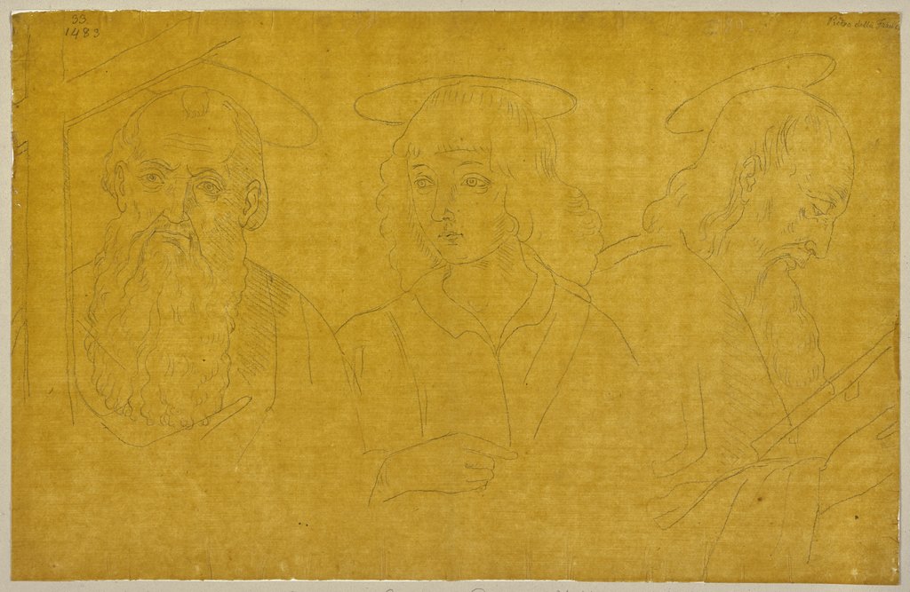 Köpfe dreier männlicher Heiliger, Details aus Tafelbildern von Piero della Francesca in der Sakristei des Doms in Urbino, Johann Anton Ramboux, nach Piero della Francesca
