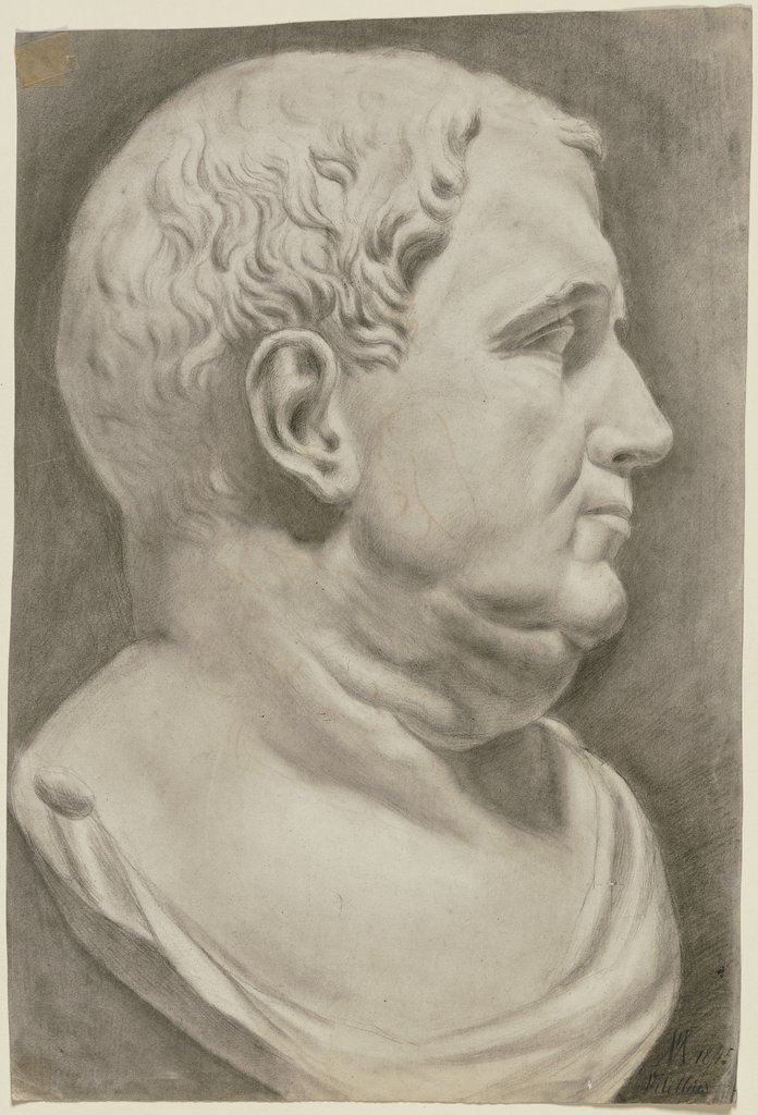 Antike Büste eines feisten Mannes im Profil nach rechts, Victor Müller