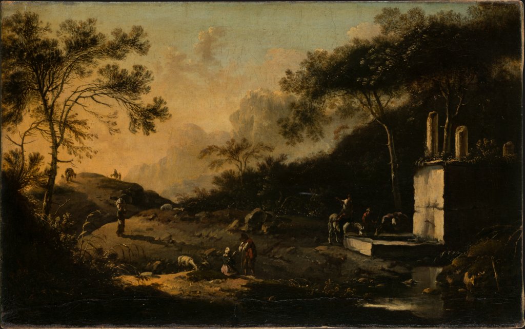 Italienische Berglandschaft mit Reisenden an einem Brunnen, Hans de Jode
