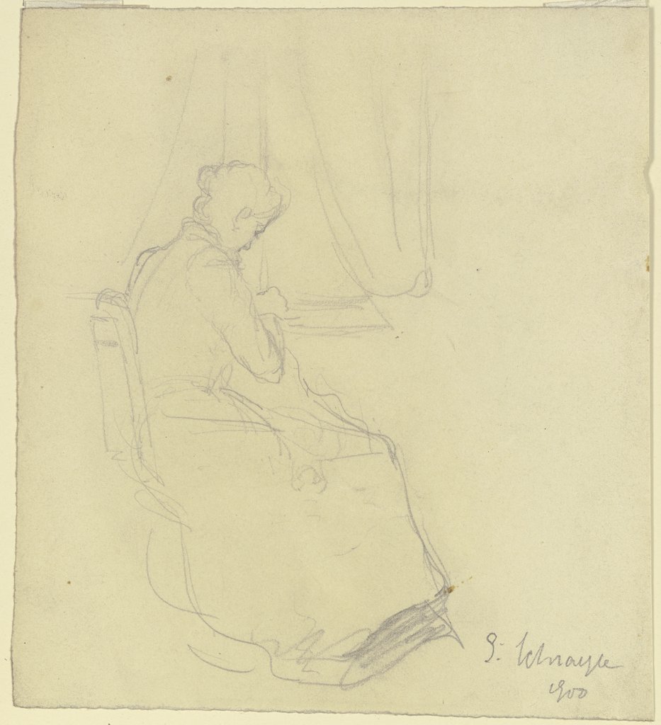 Frau nähend am Fenster, Gustav Schraegle