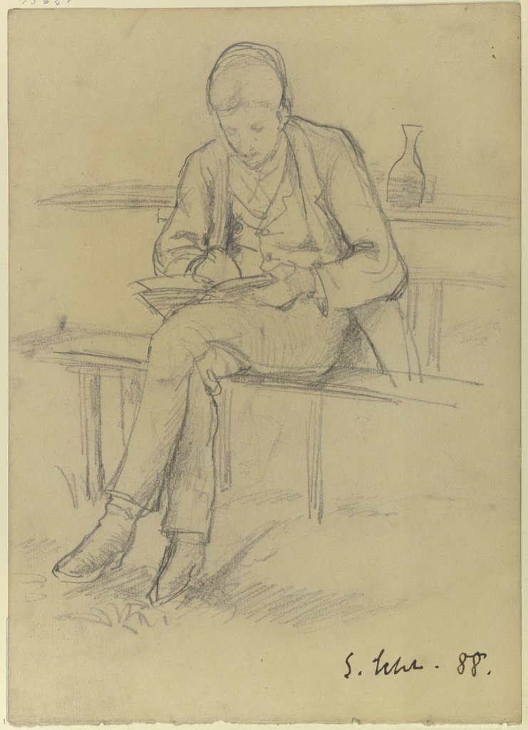 Schreibender junger Mann in einer Gartenwirtschaft, Gustav Schraegle