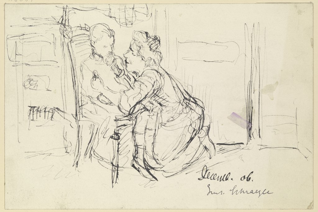 Frau kniet vor einem im Stuhl sitzendem Kind, Gustav Schraegle