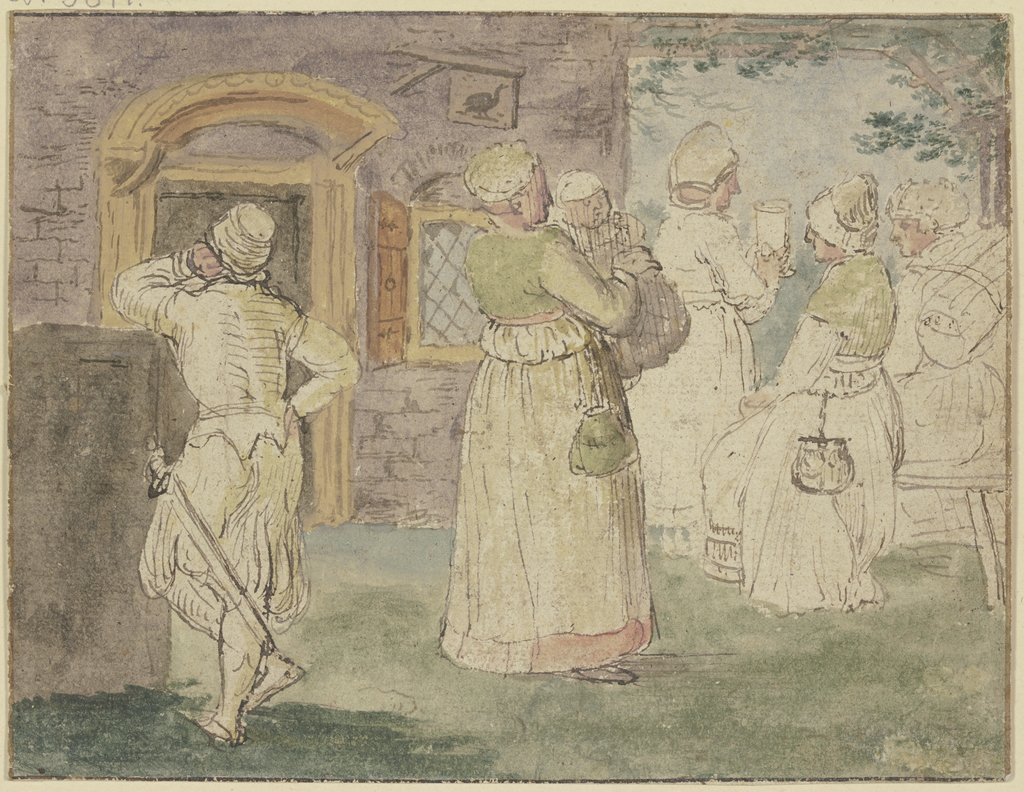 Vor einem Wirtshaus, links ein Soldat, rechts vier zechende Frauen, die eine trägt ein Kind, Hendrick Avercamp;   ?