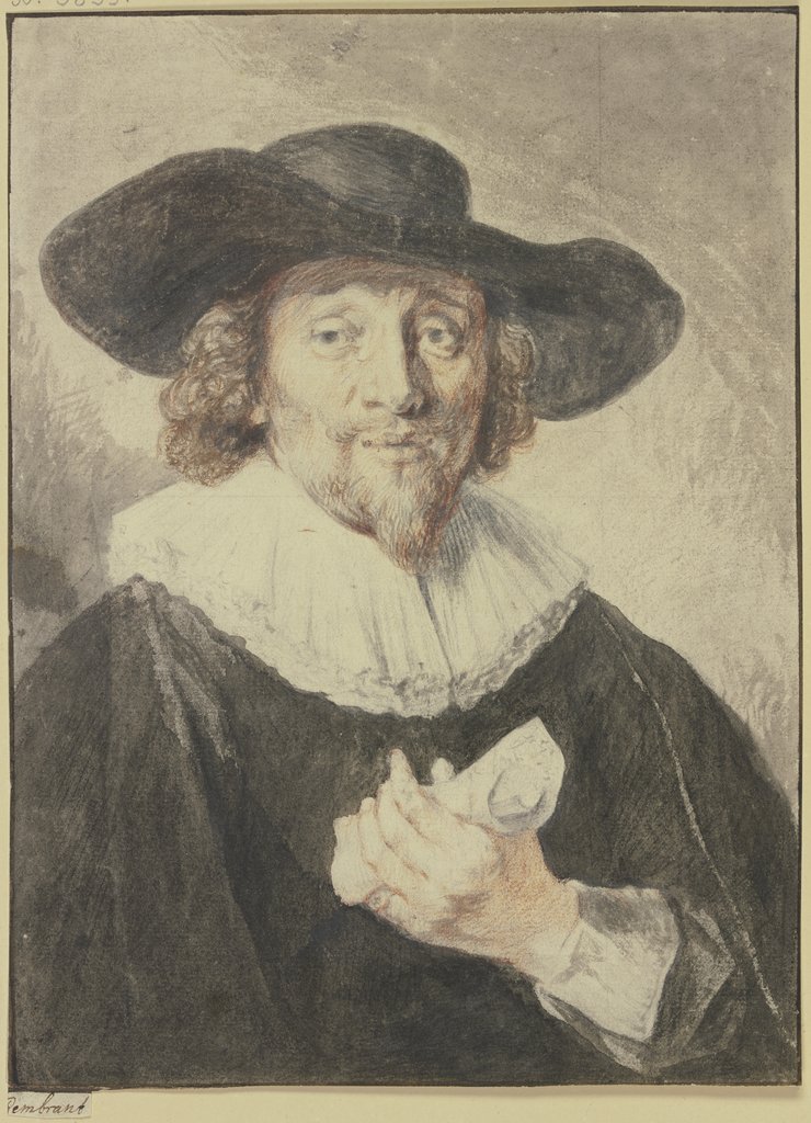Brustbild eines schwarz gekleideten Mannes, er hat den Hut auf dem Kopf und eine Papierrolle in der Hand, Jacob Adriaensz. Backer;   ?