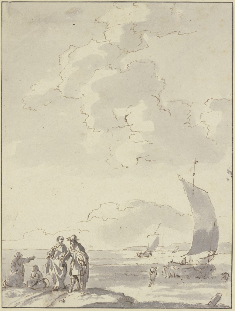 Strand, vorne links ein Herr und eine Dame, daneben drei andere Figuren, rechts drei Segelboote, Ludolf Backhuysen