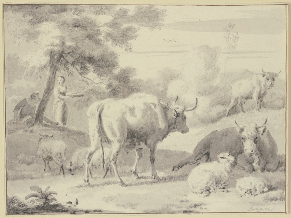 Kühe und Schafe, links unter einem Baum Hirte und Hirtin, Dirck van Bergen