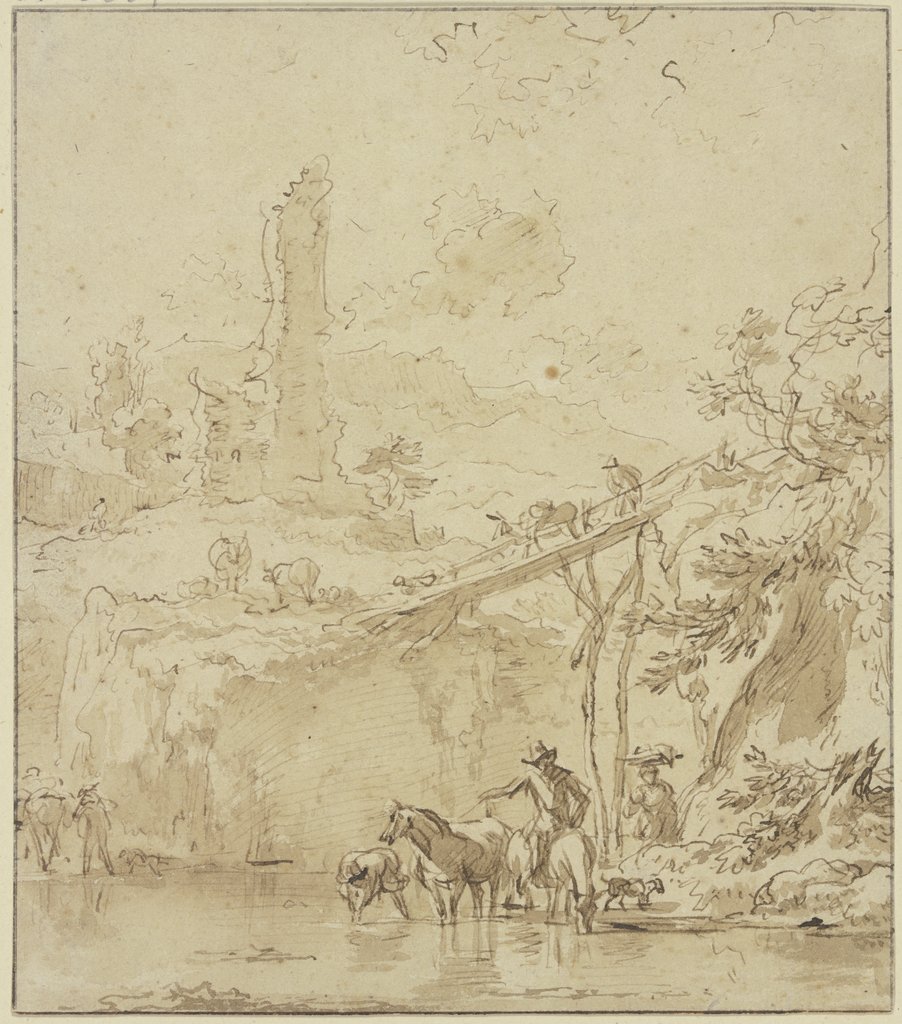 Burgruine, rechts ein hoher Steg, ein Bauer tränkt seine Pferde, Nicolaes Berchem