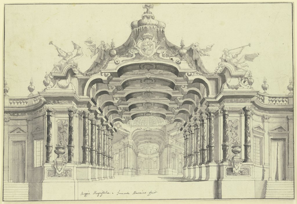 Eine große Halle mit einem Baldachin überbaut, unter welchem ein Wappen zu sehen ist, rechts und links zwei Faune in Trompeten stoßend, Ferdinando Bibièna