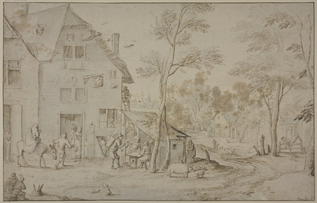Dorfansicht mit der Heiligen Familie auf der Flucht nach Ägypten, Jan Brueghel d. Ä.