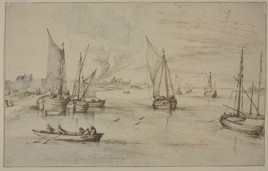 Marine mit vielen Schiffen, links ein Dorf, vorn ein Ruderboot, Jan Brueghel d. Ä.