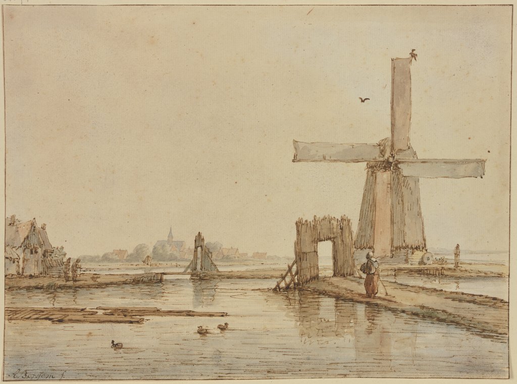 Windmühle auf einem schmalen Damm, vorne drei Enten, Anthonie van Borssom