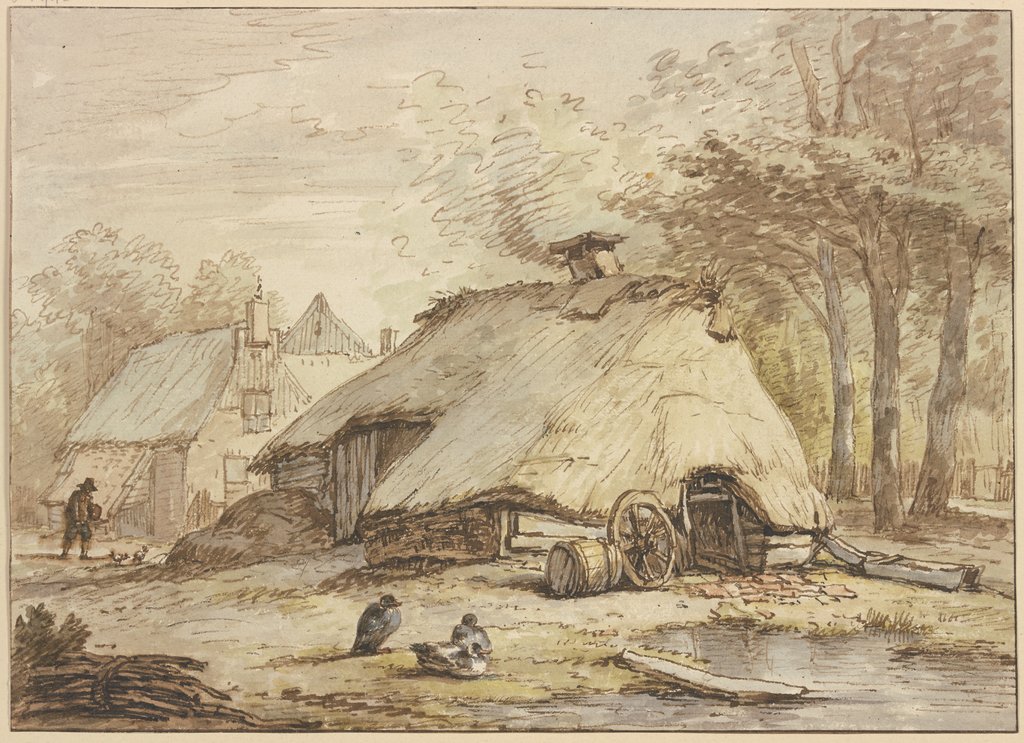 Drei Hütten unter Bäumen, im Vordergrund drei sitzende Enten, Anthonie van Borssom
