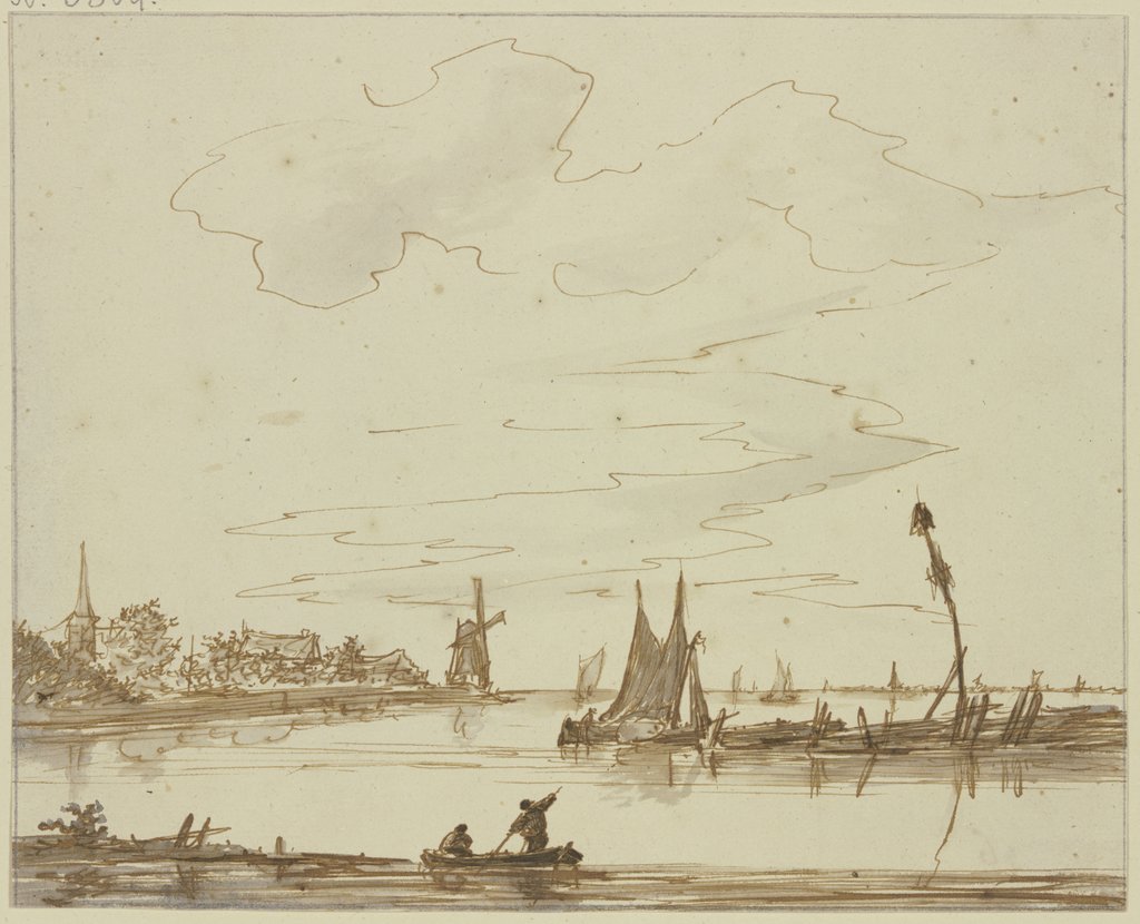 Marine, rechts ein Damm mit Signalstange, links ein Dorf mit Windmühle, Anthonie van Borssom;   ?
