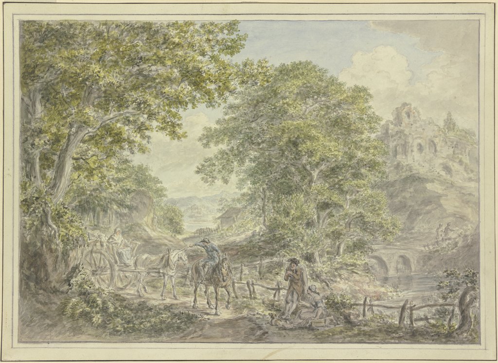 Waldige Landschaft, links ein Leiterwagen mit zwei Pferden, Hermanus van Brussel