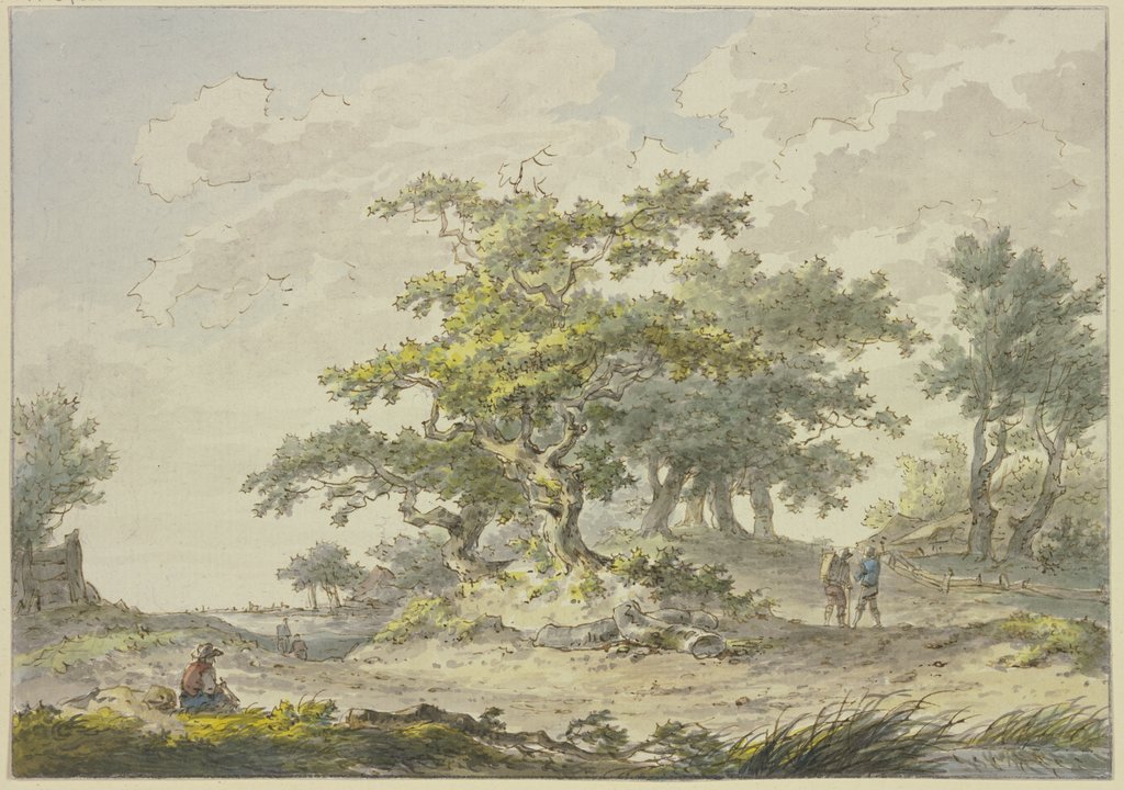 Gruppen von Eichbäumen, rechts zwei Wanderer, links eine sitzende Figur, Hermanus van Brussel