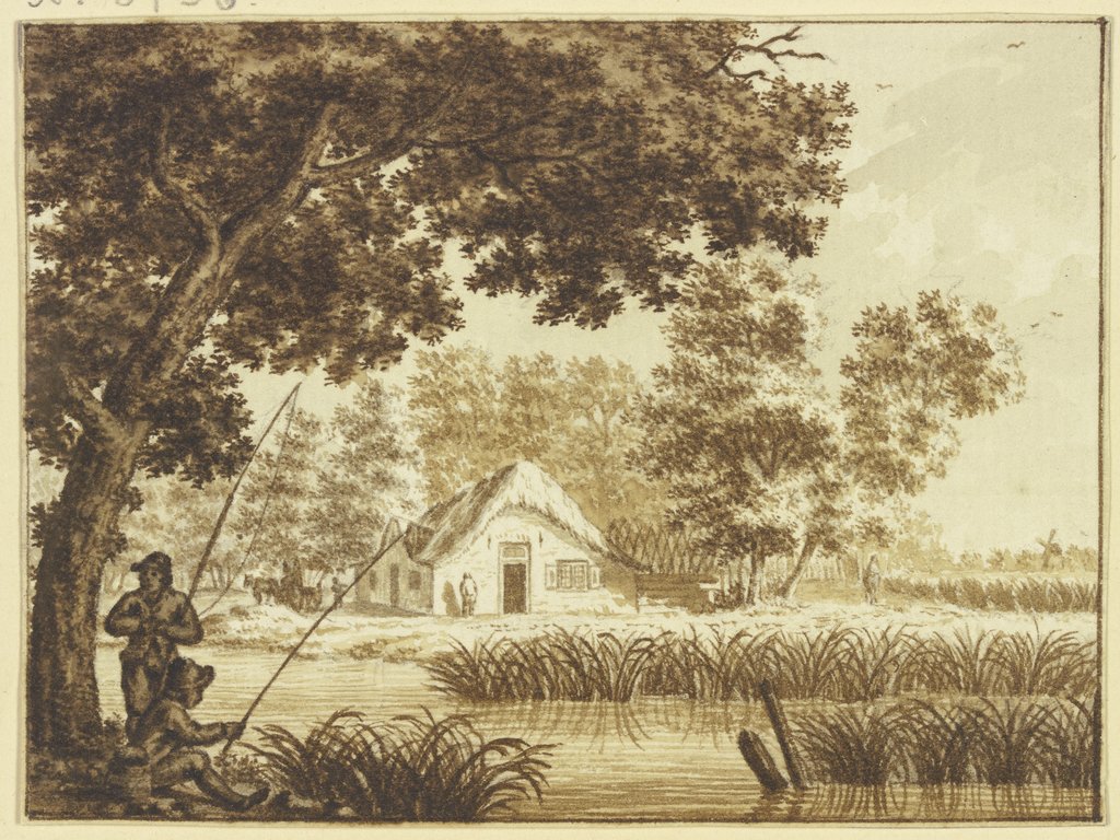 Landschaft, vorn ein Wasser, links zwei Angler, Theodor de Bruyn