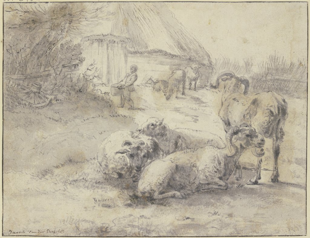 Gruppe von vier Schafen, im Hintergrund eine Hütte, dabei ein Mann, der einen Zuber trägt, Jacob van der Does d. Ä.