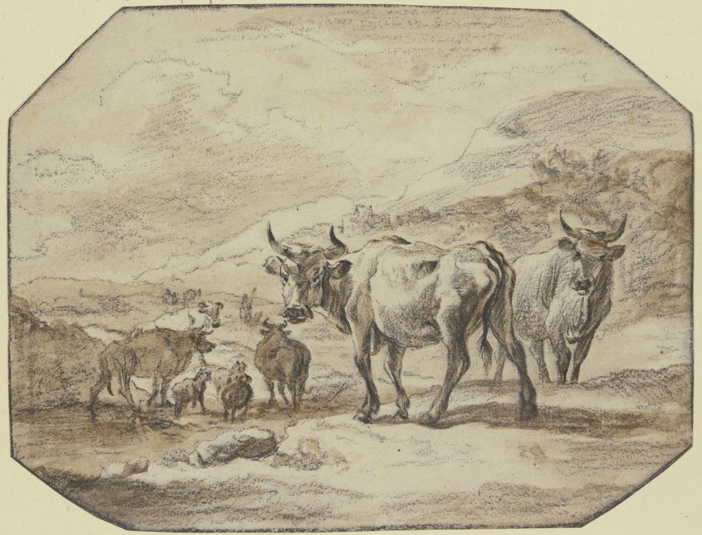 Zwei Kühe, in dem Mittelgrund geht einiges Vieh durch ein Wasser, Jacob van der Does d. Ä.