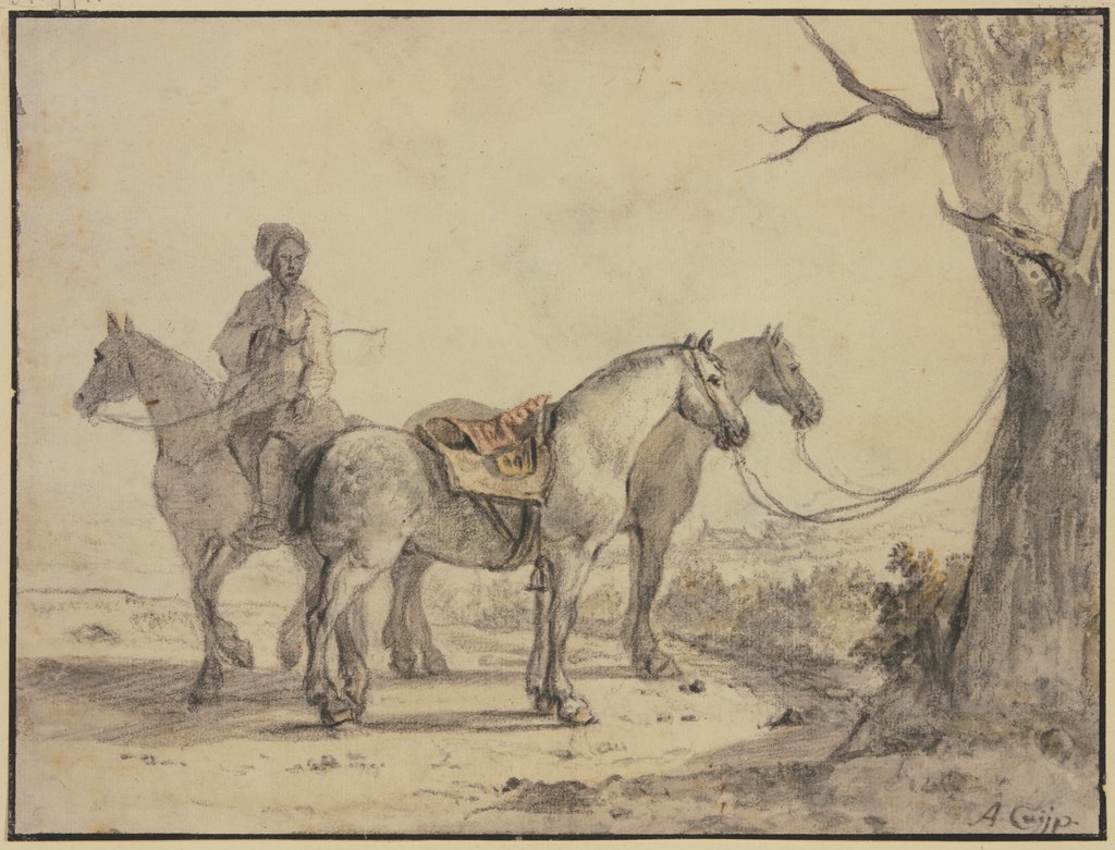 Zwei gesattelte Pferde an einen Baum gebunden, dabei ein Reiter, Aelbert Cuyp