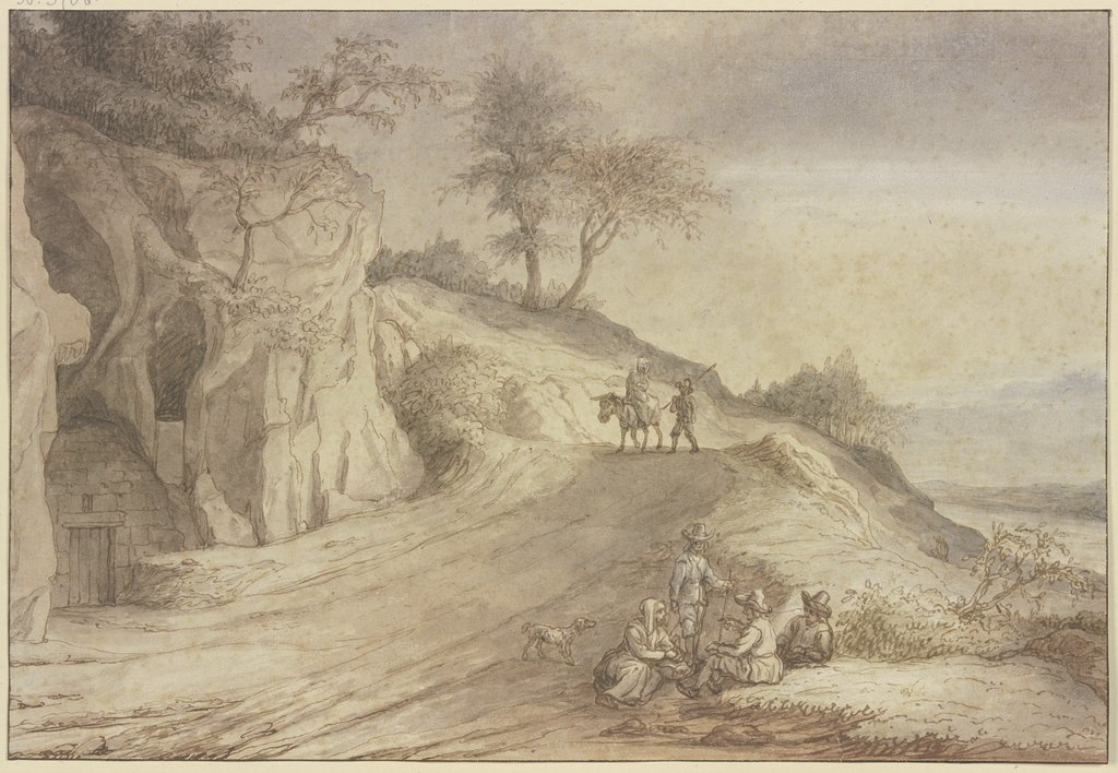 Weg über einen Hügel mit einem Mann zu Fuß und einer Frau auf einem Esel, vorne eine lagernde Gruppe von vier Figuren, Lambert Doomer