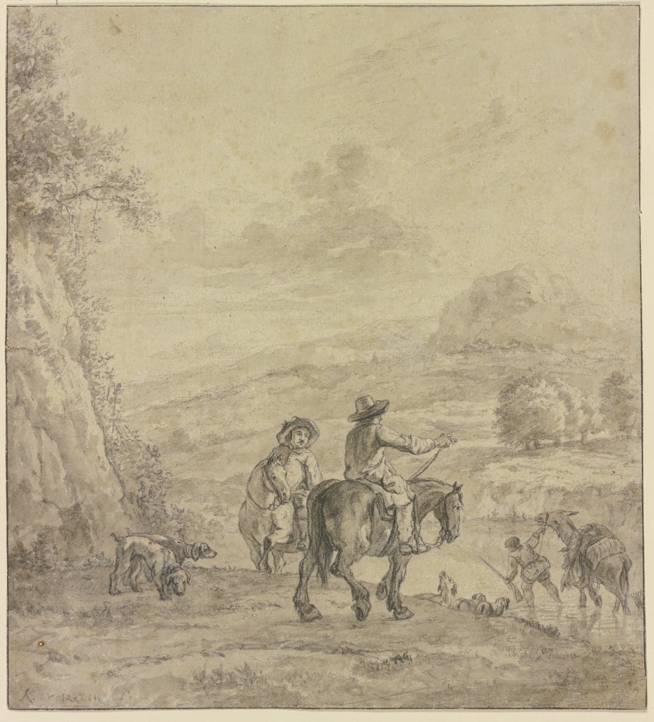 Zwei Reiter an einem Wasser, durch welches ein bepackter Esel geführt wird, Karel Dujardin