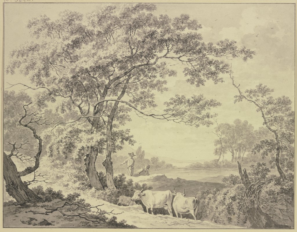 An einem von Wald umgebenem Teich, Hirte und Hirtin mit zwei Kühen und einer Ziege, Daniël Dupré